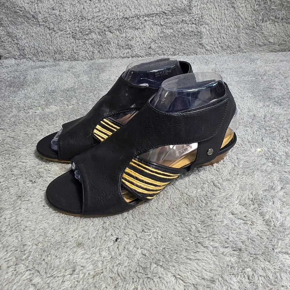 VTG‎ Gloria Vanderbilt Leather Wedge Sandals Black Jute Strappy Women Size 9